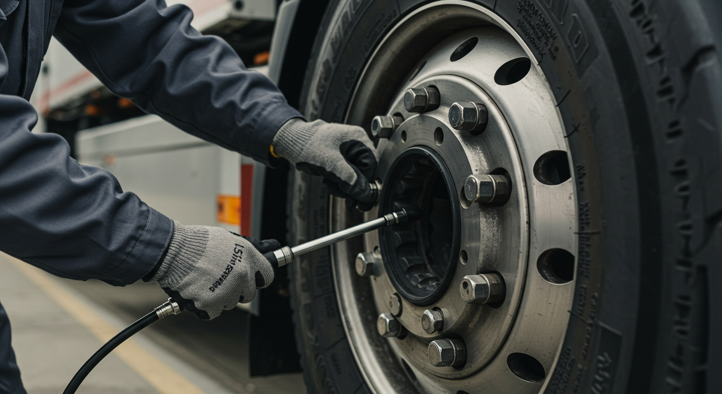 Driver performing safety inspection on truck wheel